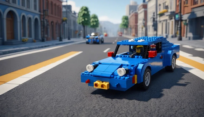 a blue lego car on the road