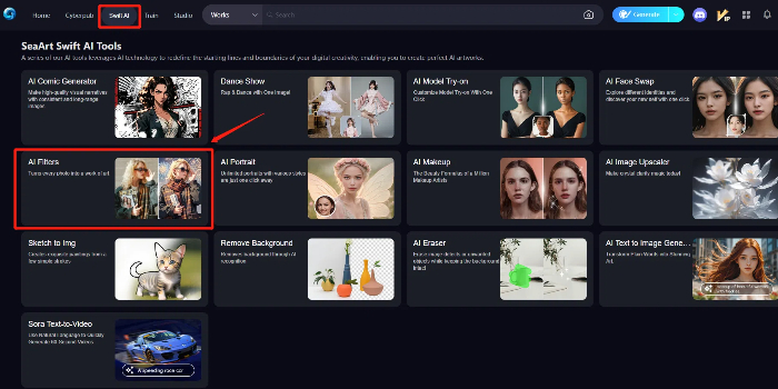 choose AI Filters feature from Swift AI in SeaArt