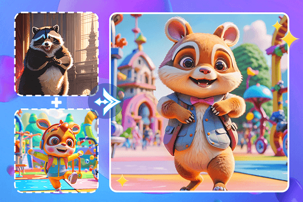 Combine the raccoon image and the cartoon illustration into a new image with AI
