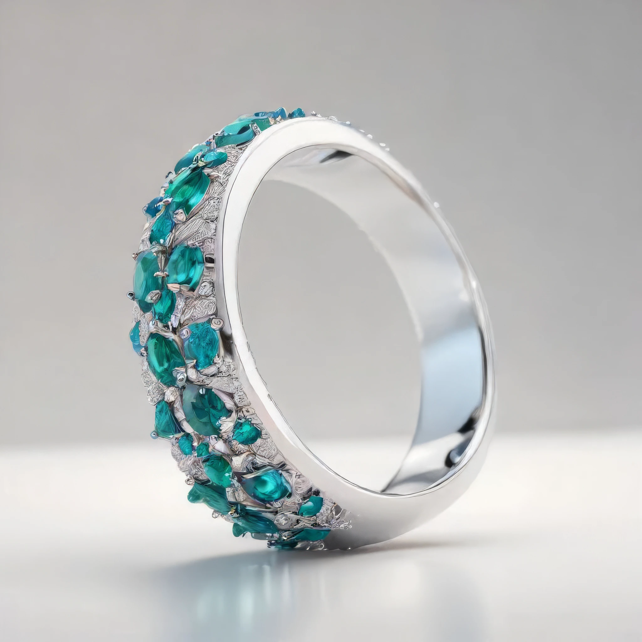 Product render of a gorgeous platinum ring with emeralds