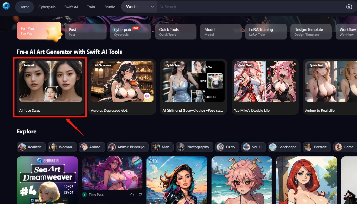 Choose the AI face swap tool in SeaArt