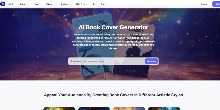 LightX AI book cover generator