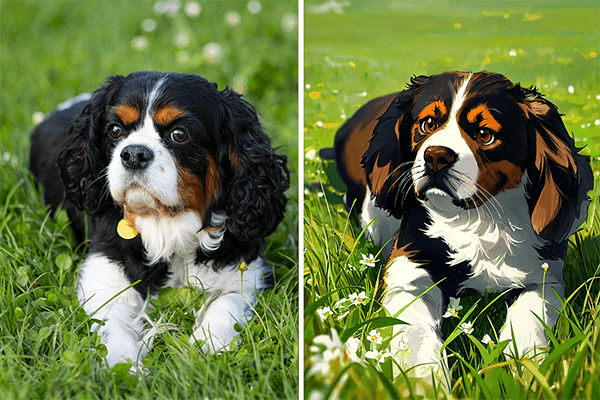 Before and after of applying AI anime filter to a pet image