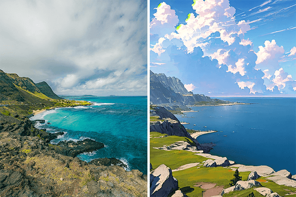 Before and after of applying AI anime filter to a landscape image