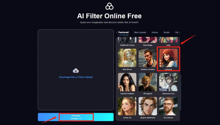 Apply cartoon AI filter to photo in SeaArt AI