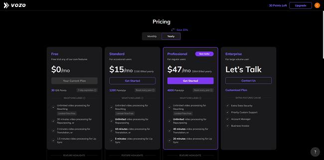 Vozo pricing page