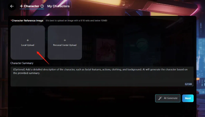 Upload character image and customize the character summary in SeaArt's Cyberpub tool