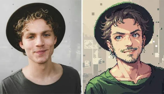 Before and after comparison of turning a photo into pixel art