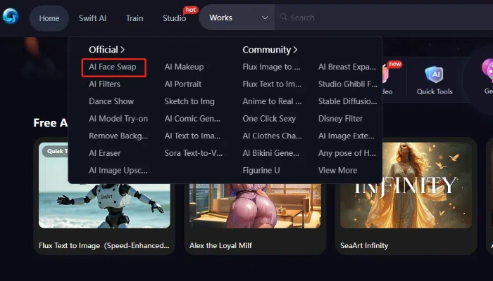 Choose the AI face swap tool in SeaArt AI