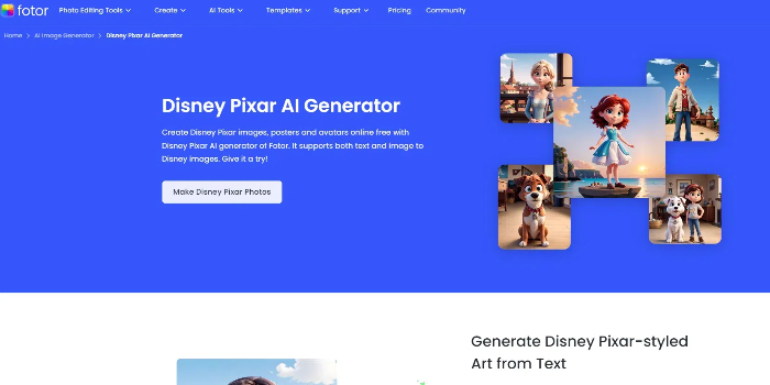 Fotor's Disney Pixar AI generator