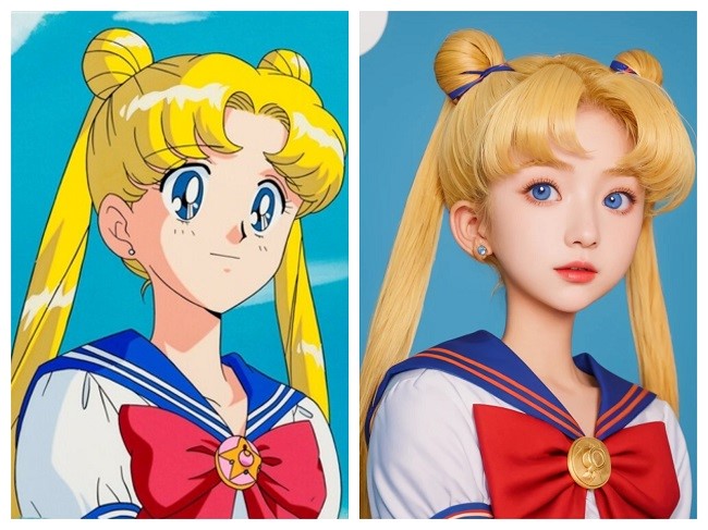 before and after comparison of converting an anime character to real person