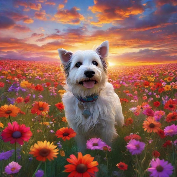 A happy terrier in a field of flowers