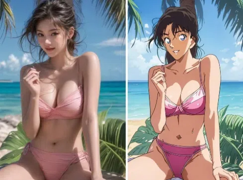 Before and after comparison of transforming a girl photo into Conan style with AI