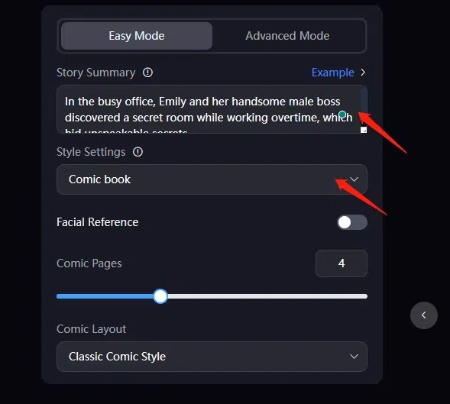 AI comic parameter settings- enter summary and choose a style