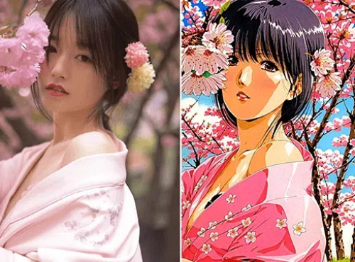 Before and after comparison of transforming a girl photo into 90's Japanese manga style