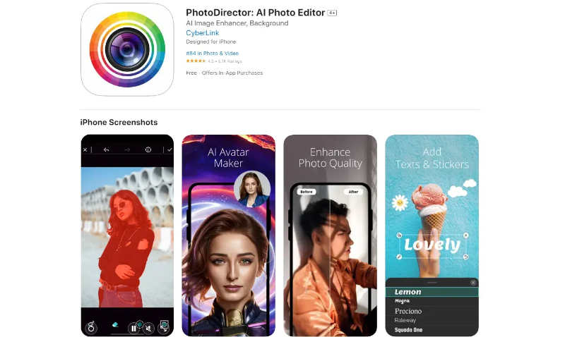 screenshots of the PhotoDirector iOS app