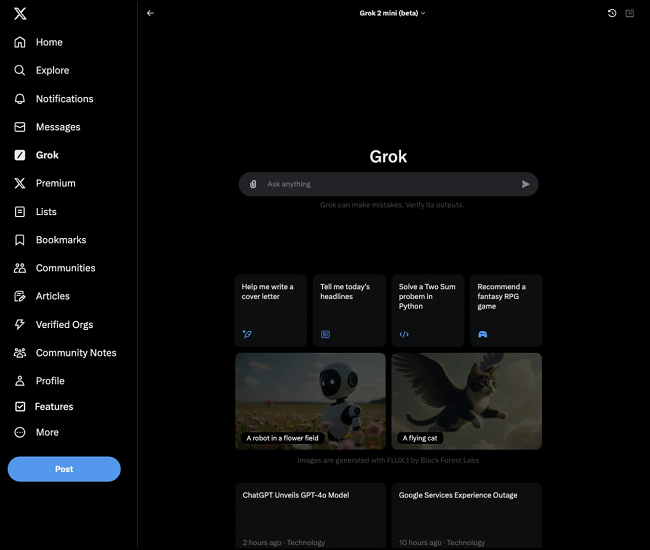 X平台上的Grok用户界面