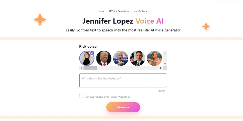 Parrot AI‘s Jennifer voice AI generator