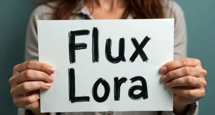 A woman holds a sign that shows Flux Lora