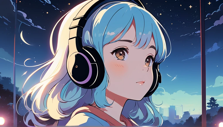 An anime girl listening to music