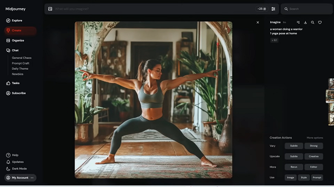 a woman doing a warrior 1 yoga pose at home- Midjourney