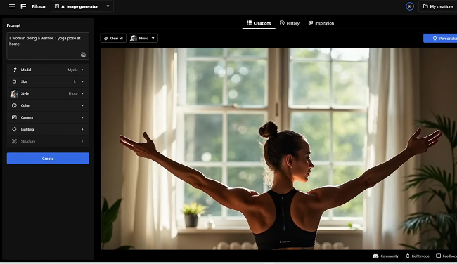 a woman doing a warrior 1 yoga pose at home-Mystic