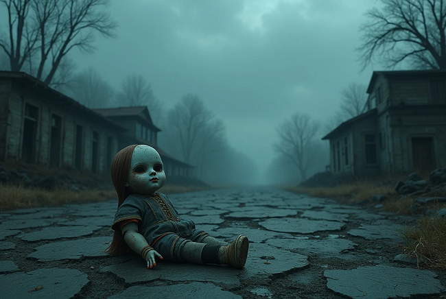 A scary doll sitting on a spooky street