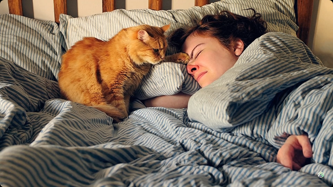 A little girl and a cat on the bed