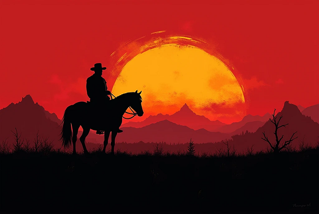 Silhouette of a cowboy on horseback at sunset