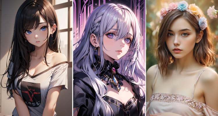 three AI girl images created by SeaArt AI