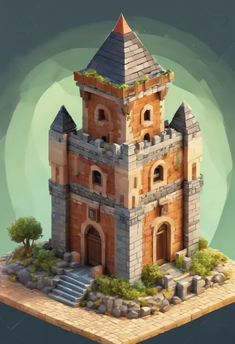 absurdres, best quality, fantasy, isometric, knolling style of (miniature brick round tower:1.2), tree, stone wall, (simple background:1.2)