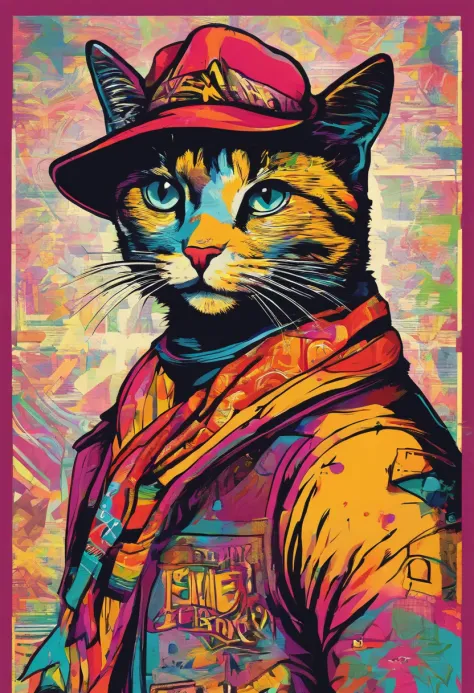 a painting of a cat wearing a hat and scarf, trending in the art station, dressed in punk clothes, detailed hyper realistic rendering, british gang member, street style, intimidating pose, planet of the cats, clothes with fashion, urban samurai, meow, west...